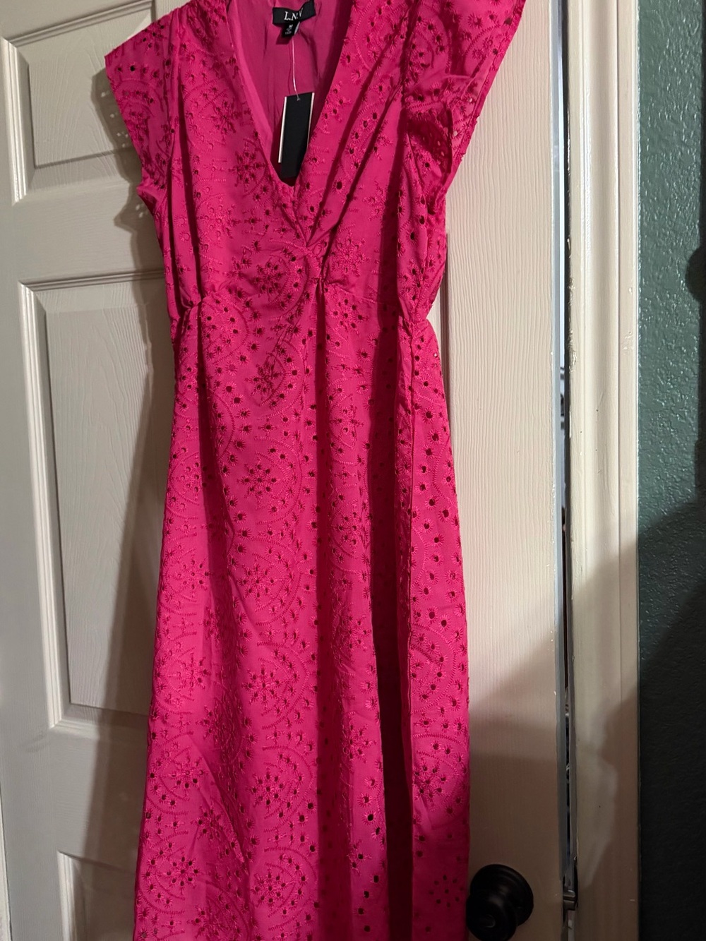 L.N.V. Hot Pink Eyelet Midi Dress with V-Neck